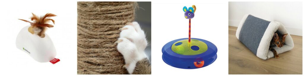 A collage of four images, consisting of cat scratchers and furniture, that help provide your cats with mental and physical stimulation when you are at work