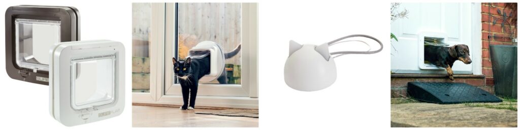 A collage of four images, consisting of microchip pet flaps, that help provide your pets with freedom when you are at work